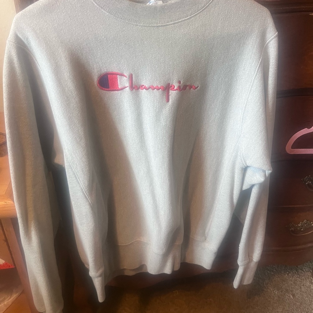 Champion Light Blue Crewneck with Pink Script Logo